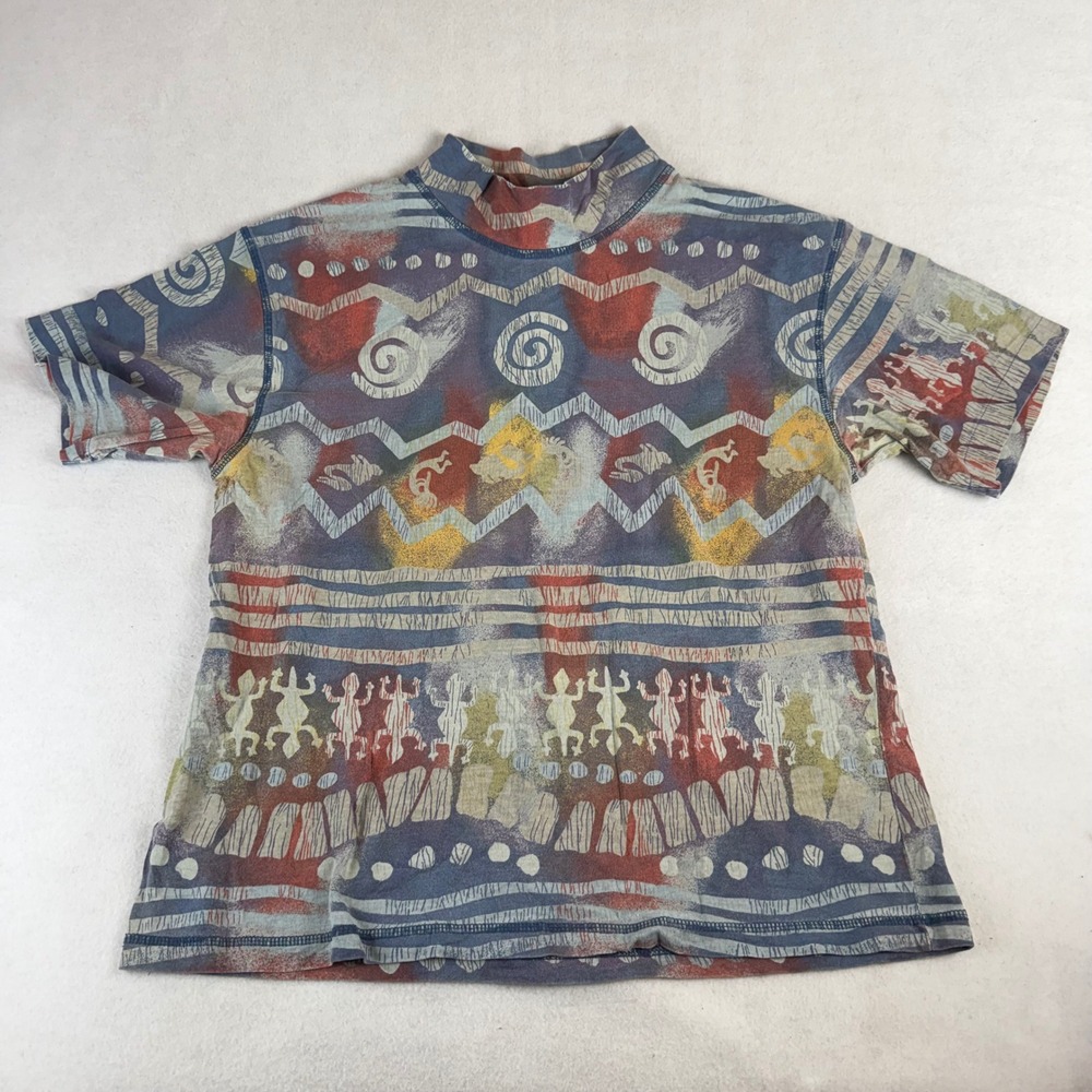 Chicos Vintage Tribal Lizard Print Mock Neck Short Sleeve Cotton Shirt Size 2